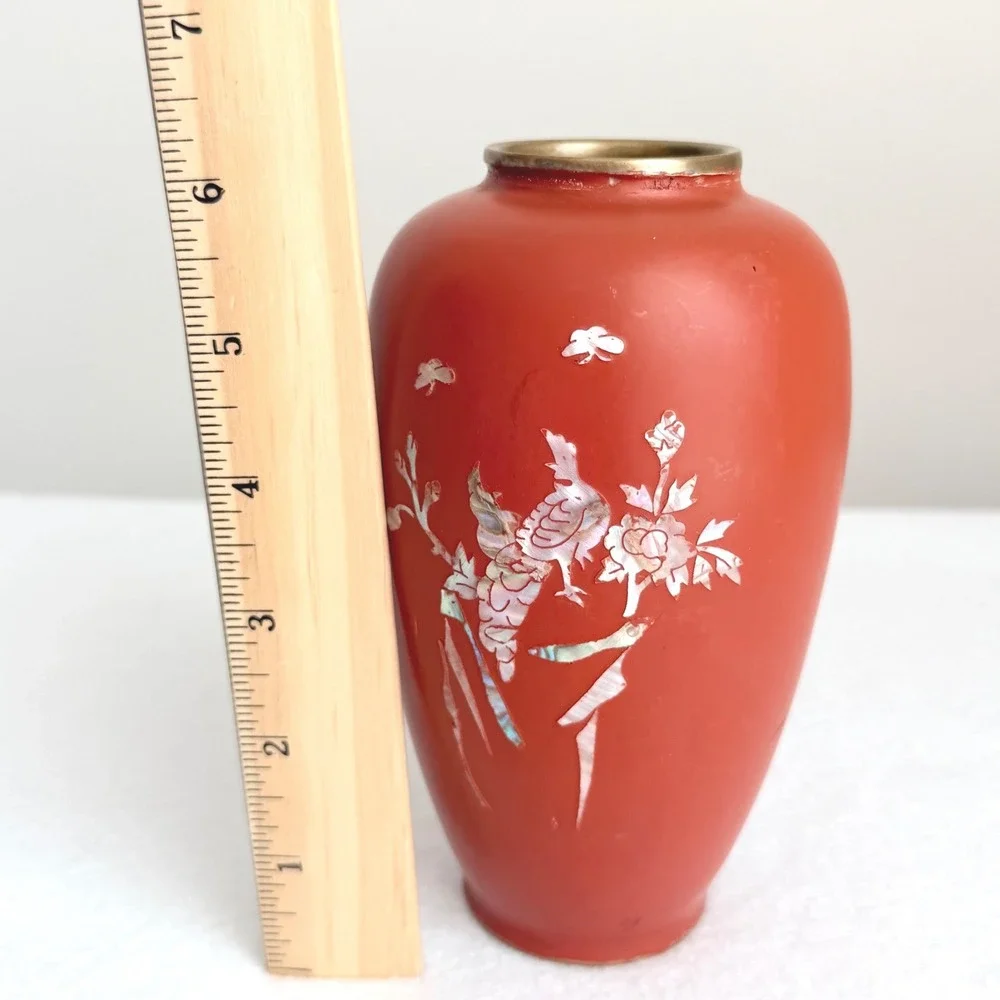 Cinnabar Vase Home Decor Small Red Mother of Pearl Inlay Birds *See Photos